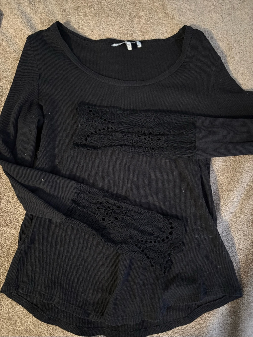 BKE Black Long Sleeve Top with Lace-Trim Sleeves